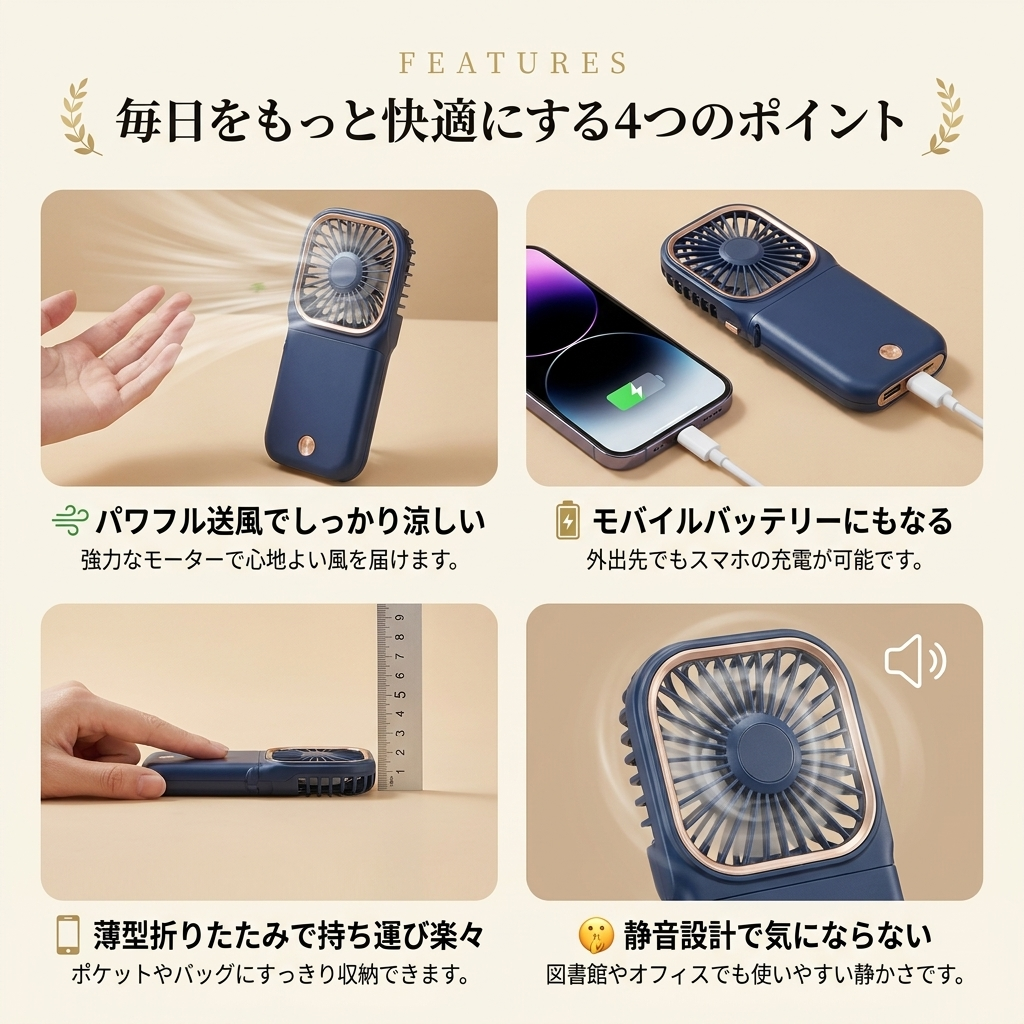 FanCharge 2WAY™ — 折りたたみ扇風機付きモバイルバッテリー