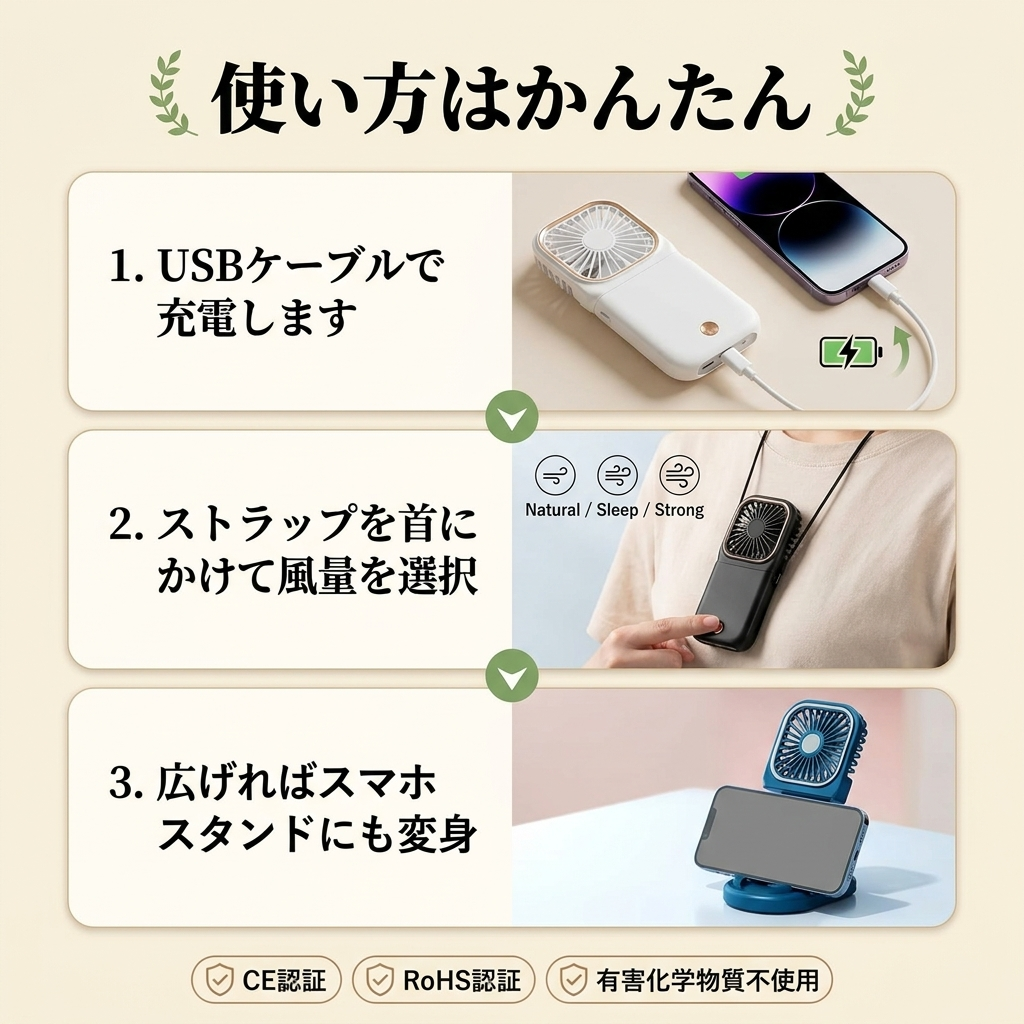 FanCharge 2WAY™ — 折りたたみ扇風機付きモバイルバッテリー